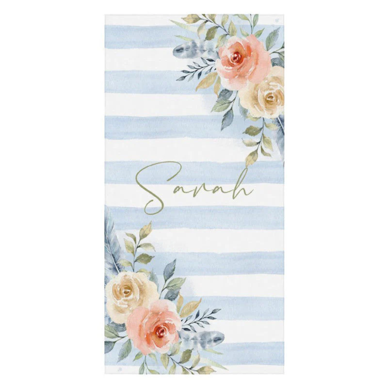 Boho Blue Floral Stripes Custom Name Beach Towel - Image 3