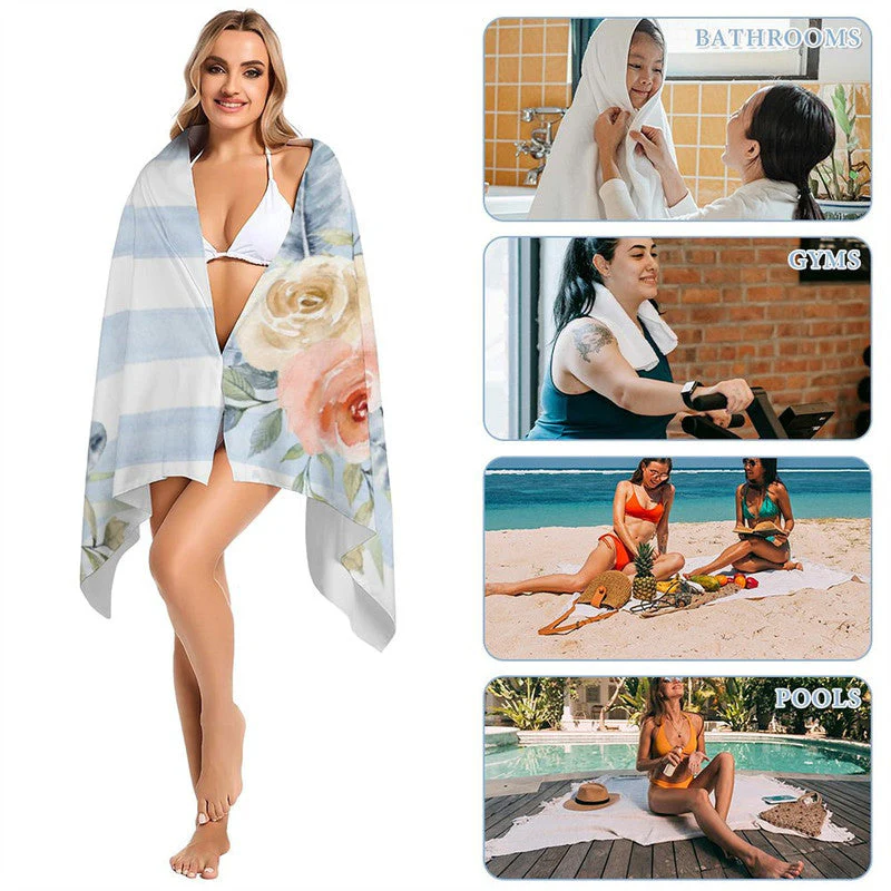 Boho Blue Floral Stripes Custom Name Beach Towel - Image 5