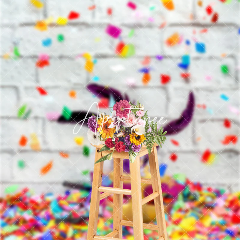 Colorful Ribbon Masquerade Brick Cake Smash Backdrop - Image 3