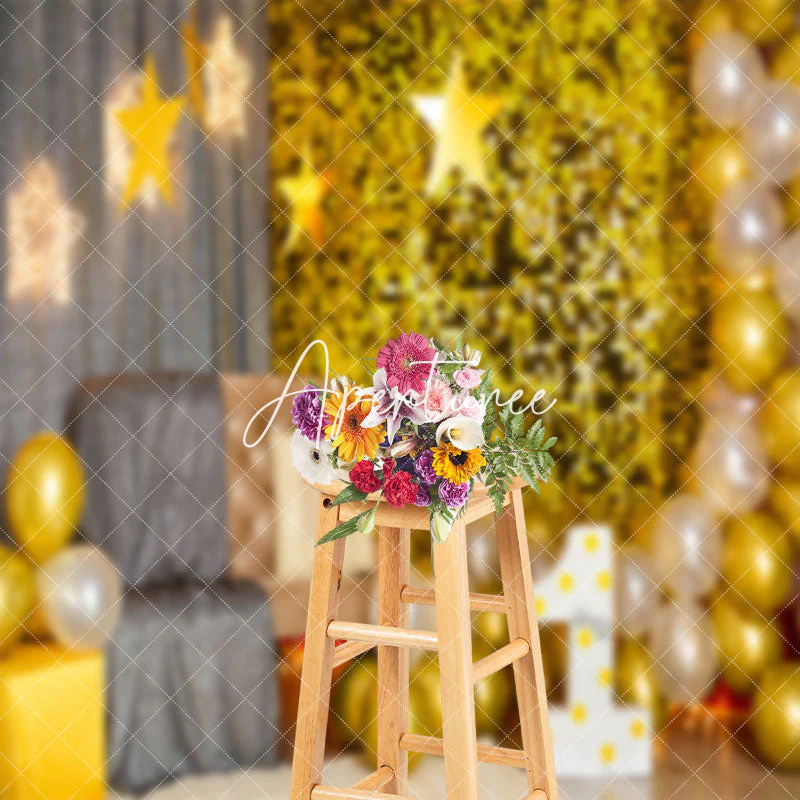 Grey Gold Room Balloons Stars Cake Smash Backdrop - Image 3