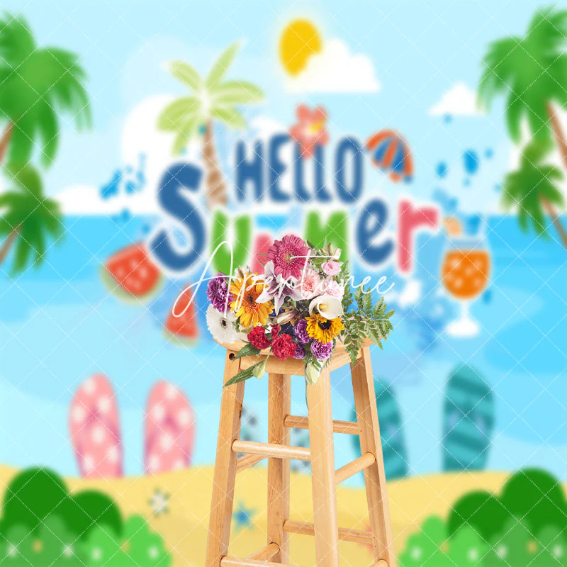 Hello Summer Beach Sea Palm Trees Photoshoot Backdrop - Image 3