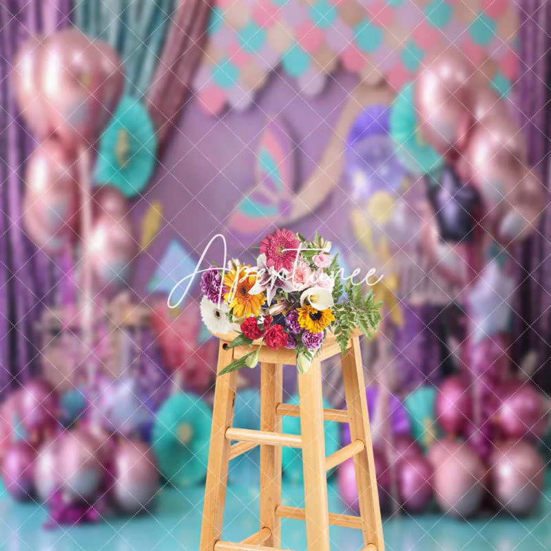 Mermaid Scales Pink Balloons Cake Smash Backdrop - Image 3