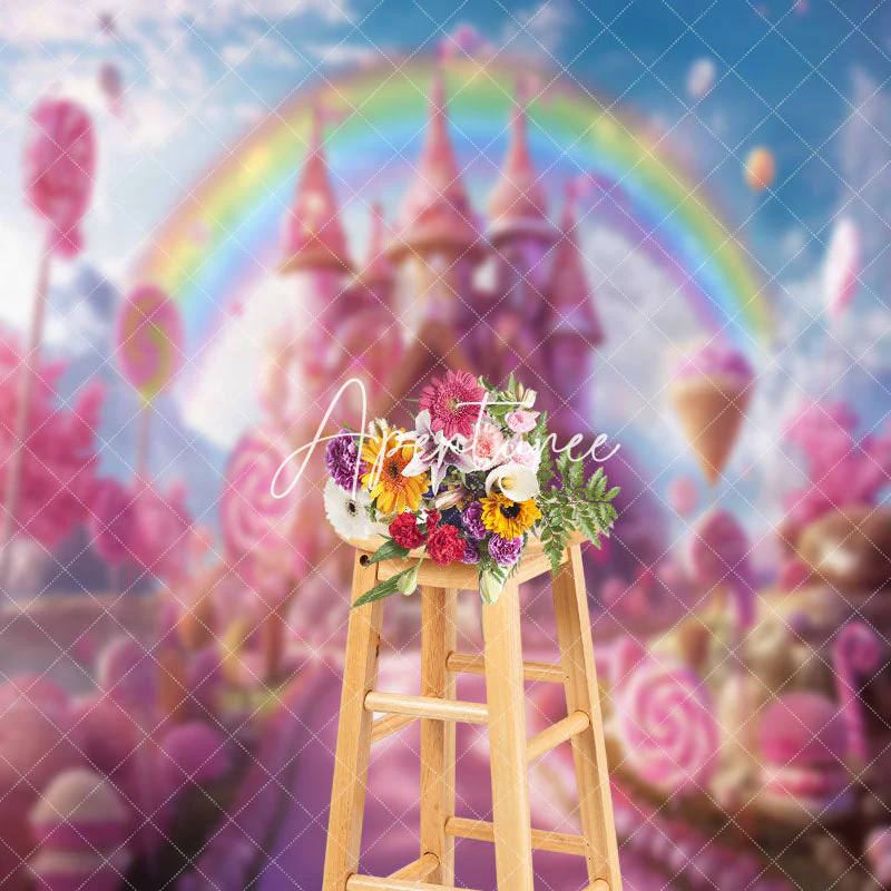 Pink Candy Castle Rainbow Birthday Cake Smash Backdrop - Image 3