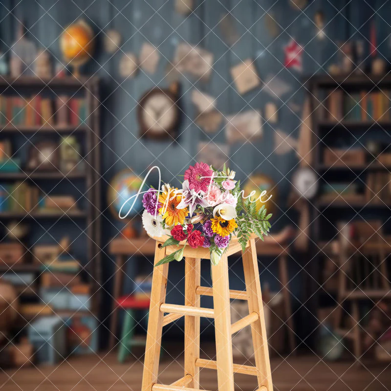 Retro Black Wall Globe Bookcase Photography Backdrop - Image 3