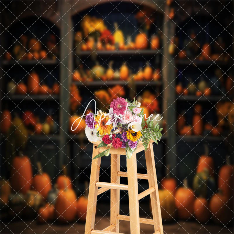 Retro Wooden Showcase Pumpkins Autumn Photo Backdrop - Image 3