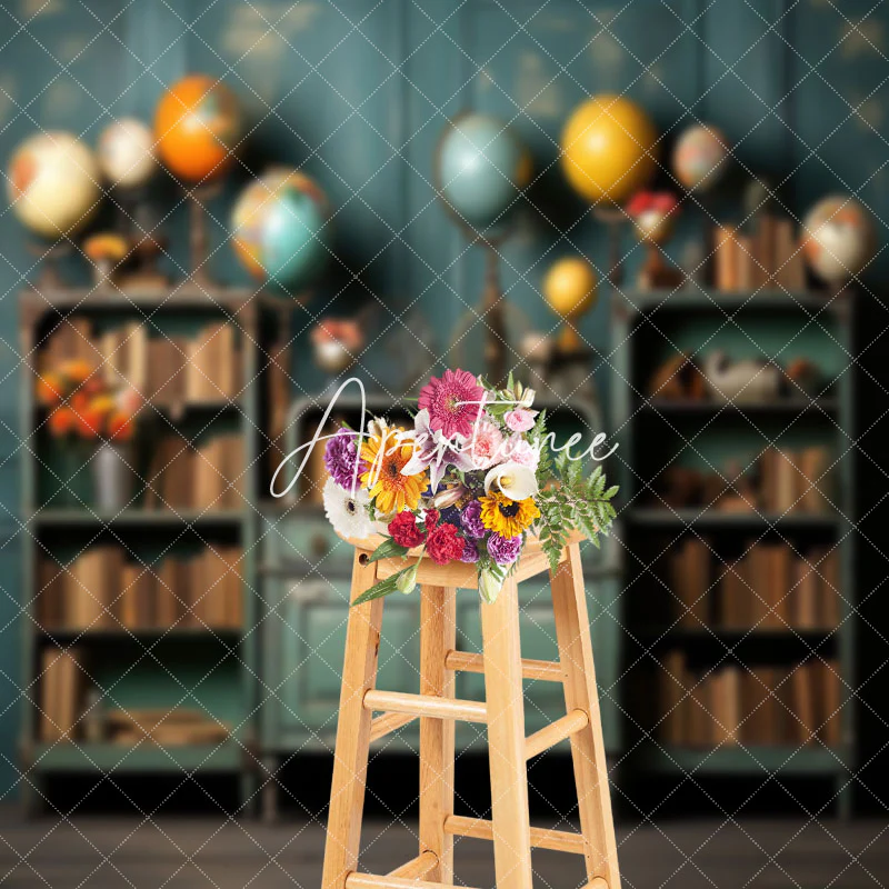 Teal Bookcase Globe Retro Wall Backdrop For Photo - Image 3