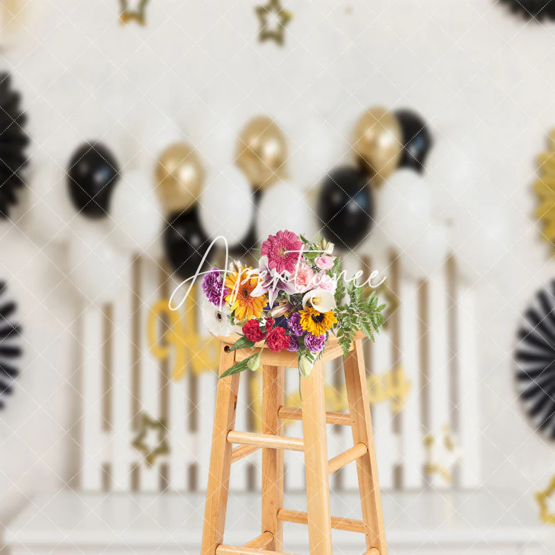 White Black Balloons Birthday Cake Smash Backdrop - Image 3