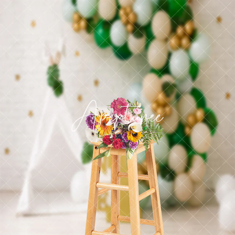 White Brick Wall Tent Balloons Cake Smash Backdrop - Image 3