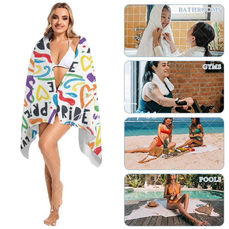White Colorful Heart Rainbow Pride Month Beach Towel - Image 5